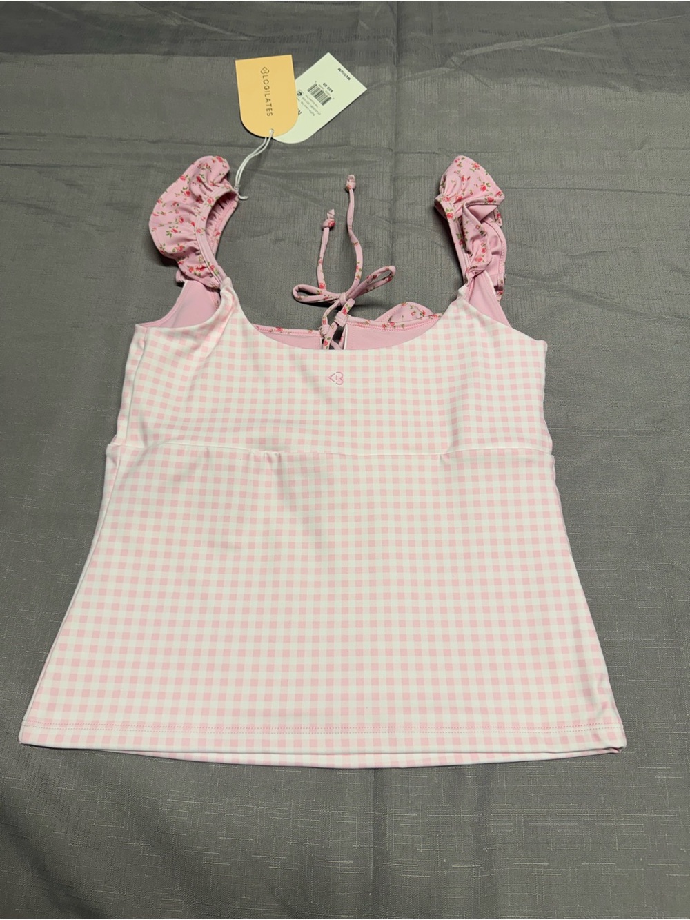 Blogilates Pink Ruffle Lace up Tank Top with removeable padding - Picture 2 of 4